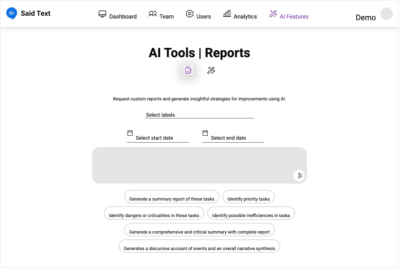 The AI Tools Reports screen with label and date filters, a request box and quick prompt buttons.