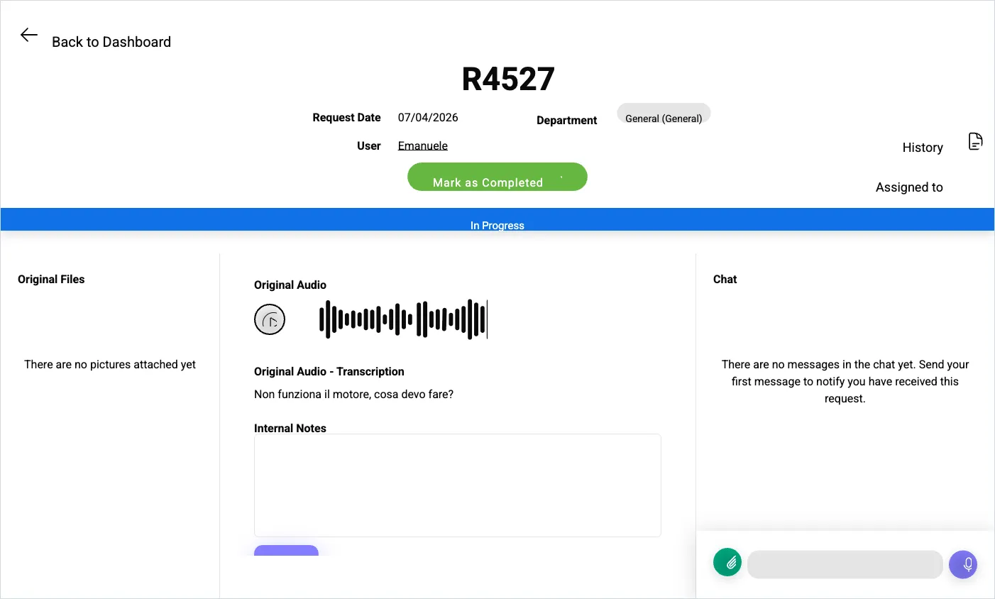 A request detail view: Original Files on the left, audio, transcription and Internal Notes in the centre, Chat on the right.