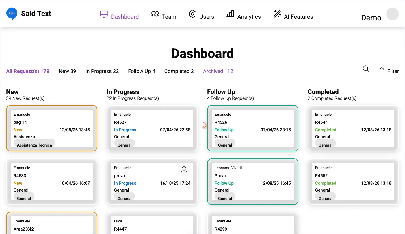 The requests board with four status columns, counters above them, and search and Filter on the right.