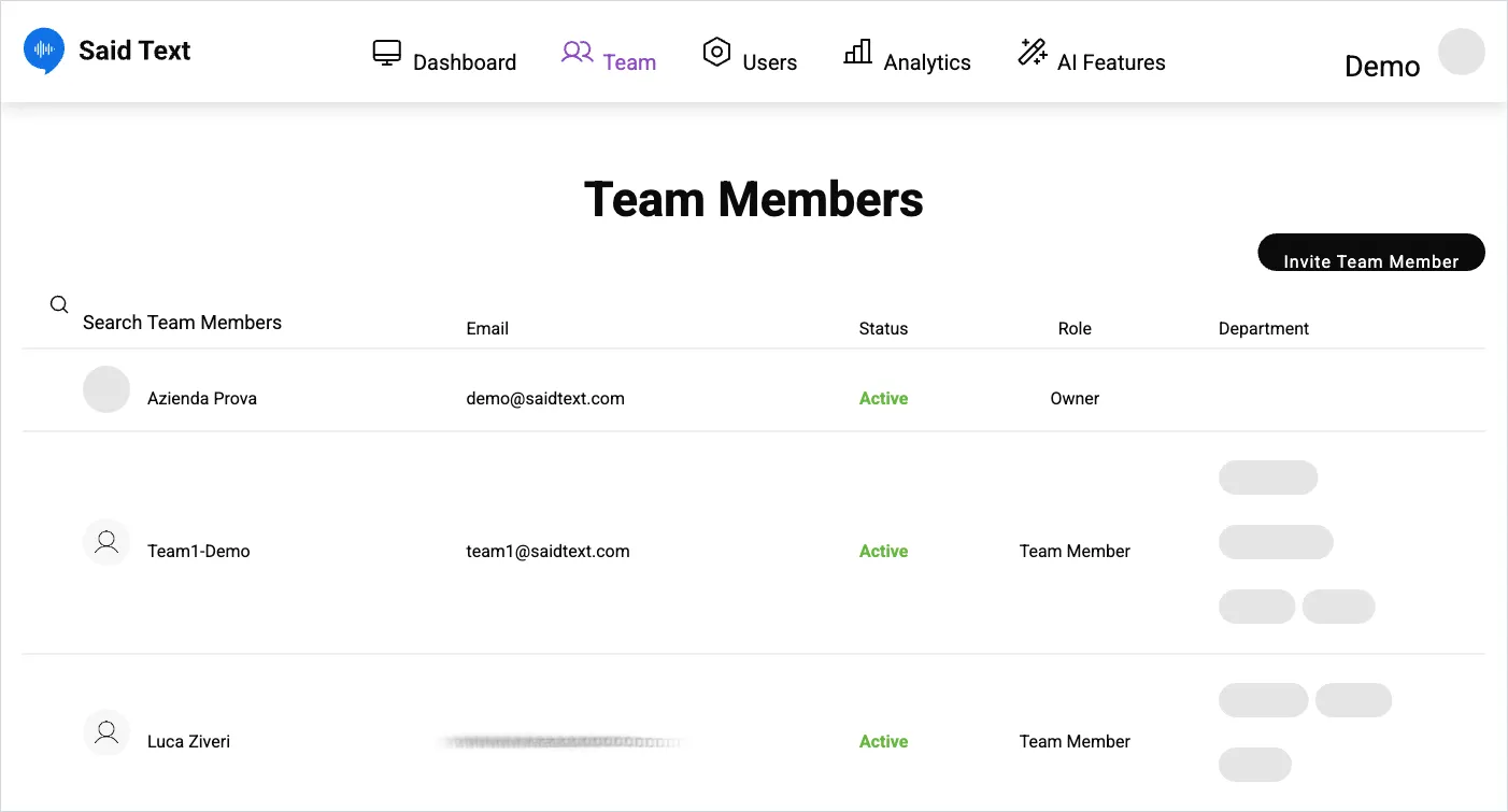 The Team Members table showing email, status, role and departments, with the Invite Team Member button.