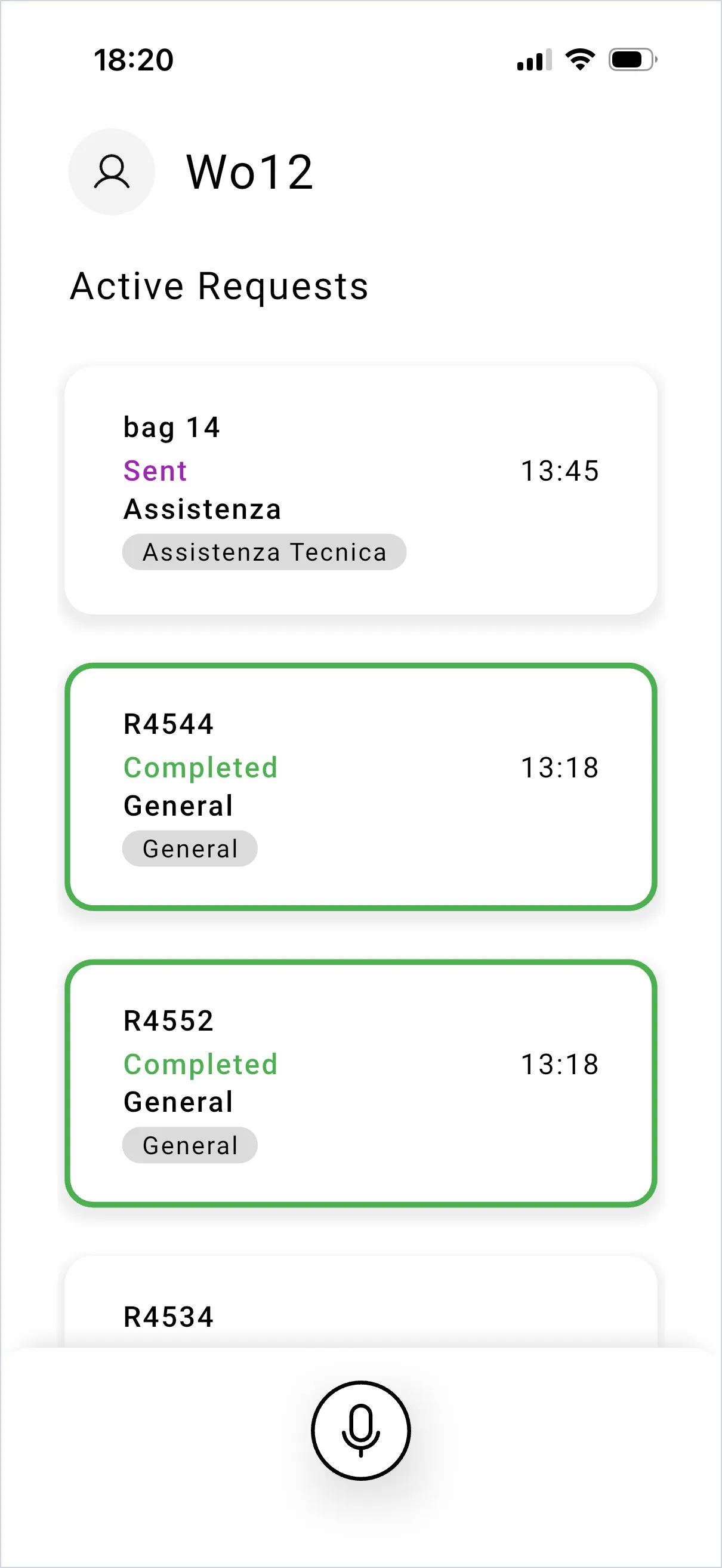 The Active Requests list on a phone, showing requests with Sent and Completed statuses.