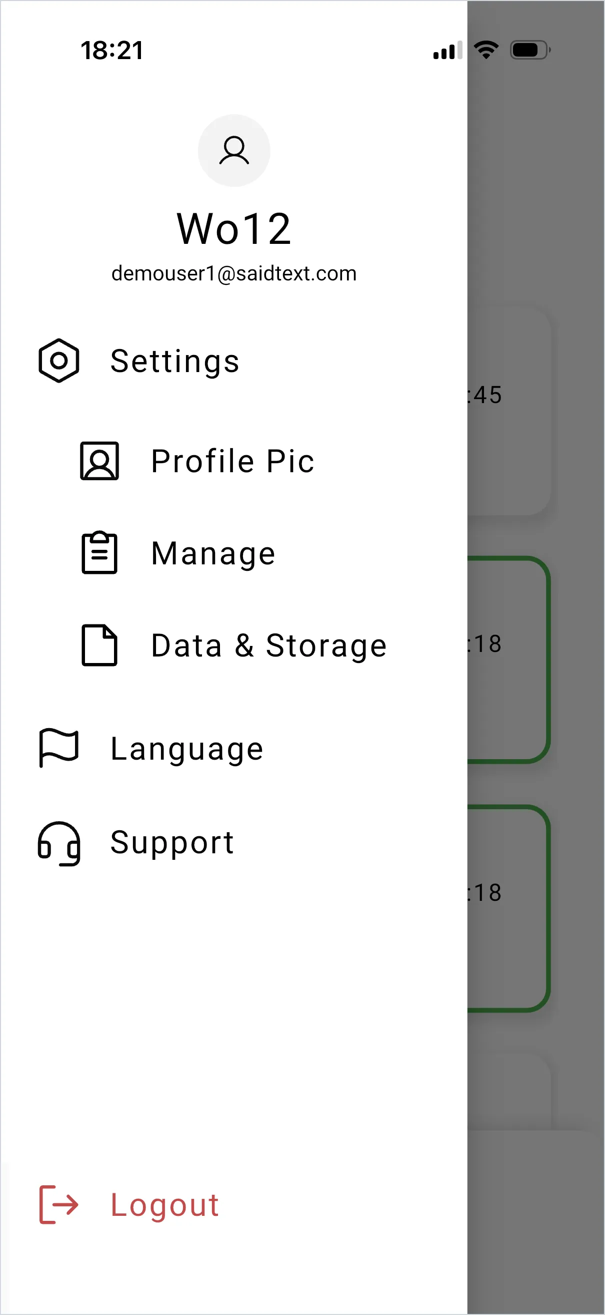The app menu with Settings expanded, showing Profile Pic, Manage and Data & Storage.